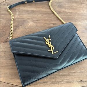 Yves Saint Laurent Black Chevron Crossbody|Clutch|Wallet on chain|Belt Bag